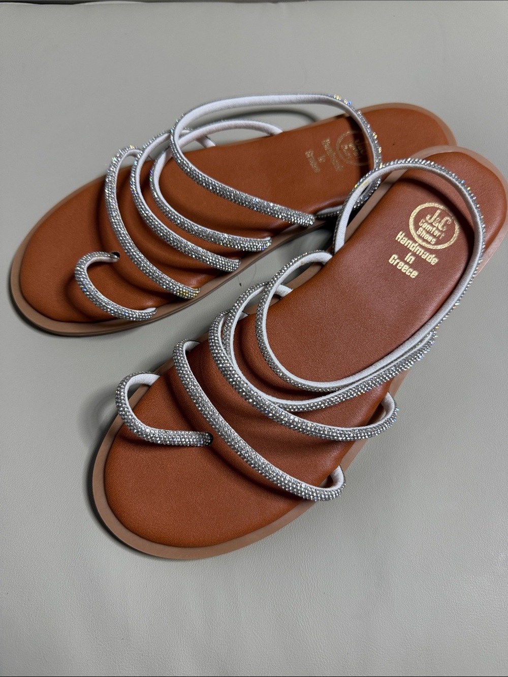 Handmade in Greece Women's Silver Beaded Strappy Sandals - EU 39